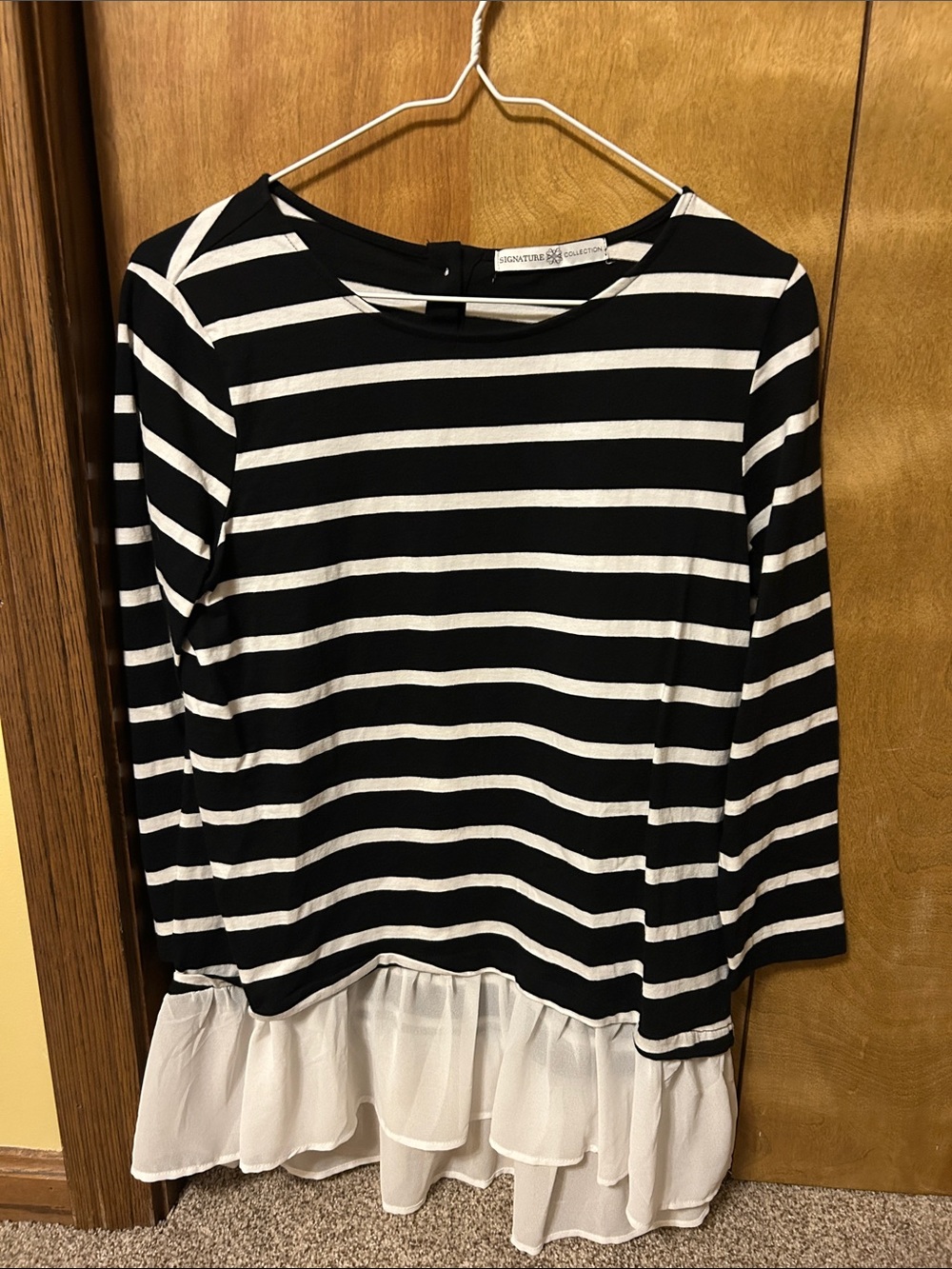 Signature Black & White Striped Ruffle-Hem Long Sleeve Top